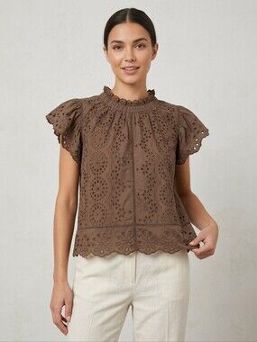 Jennifer Grace Eyelet Flutter Sleeve Blouse Brown Boho Cottagecore Romantic